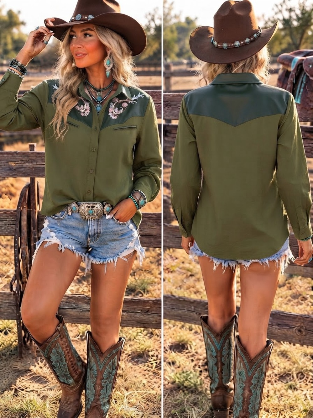Verty Olive Green Embroidered Western Shirt - Medium